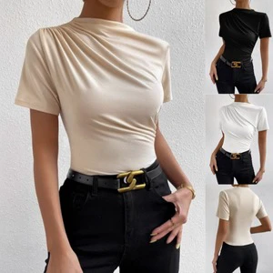2025 New Summer Casual Female Top European American Hotties Pure Color T-Shirt Short-Sleeved Mesh Bottom Stand-Up Collar Solid