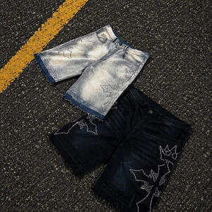 Custom Men Jean Shorts 100% Cotton Short Denim Shorts Rhinestones Logo Streetwear Shorts Vintage Wash Jeans Jorts for Men