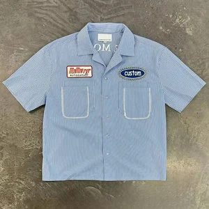 Custom Stud Down Boxy Fit Short Sleeve Oversized Embroidery Print Button Up Striped T-shirt Streetwear Crop Top Men's Work Shirt
