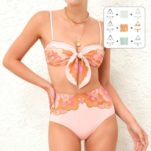 UPF 50+ Chlorine Resistant Recycled Fabric Abstract Bikini Set Stretch High Waist Tie Front Swimwear for Women Beach