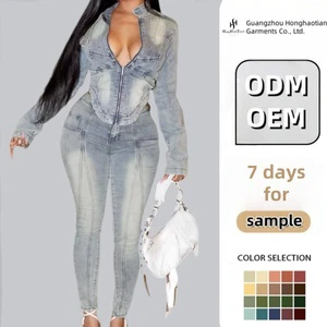 Custom New Autumn Women Two Piece Pants Set Denim Suit Long Sleeve Zipper Jacket Fashion Jeans Suit Women Denim Outfit