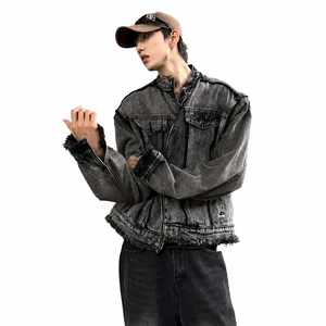 Men's Vintage Washed Denim Jacket Shoulder Pad Stand Collar Zip up Fringed Hem Distressed Jean Coat Streetwear Outerwear