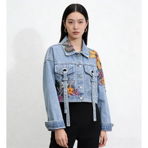 High Quality Women's Denim Jacket Blue Vintage Casual with Full Sleeves Fashion Washed Technics