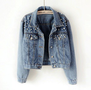 Fashion Custom Loose Fit Casual Streetwear Women's Denim Jacket With Pearl Buttons Printed Design and Stonewashed Finish