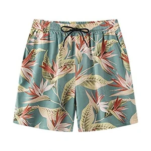 OEM Service Men Casual Heat-Transfer Printed Oxford Fabric Breathable Drawstring Closure Mid Waist Swim Trunks Surf Pants Beach