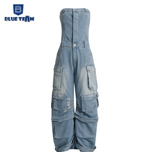 Blue Team | Custom Fashion Casual Jumpsuits Strapless One Piece Baggy Cargo Denim Jeans Jumpsuit Woman Lady Jumpsuit for Women