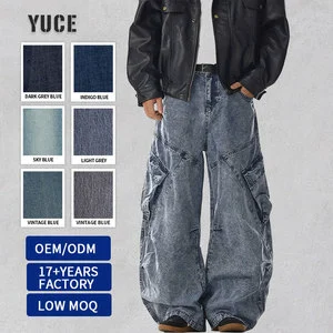 New Custom Retro Wide Leg Jeans Loose Fit Multi-Pocket Cargo Denim Pants Heavy Patchwork Jeans for Men's