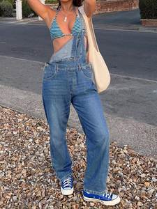 Women's Light Wash Denim Overalls Jumpsuit High Relaxed Straight-Leg Button Detail Adjustable Strap Cuffed Cropped Fit
