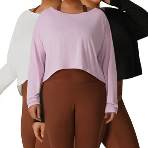 P02514 PLUS SIZE XL-4XL Size Women's Open Back Long Sleeve Top Yoga Clothes Plus-Size Loose-Fitness Yoga T-Shirt