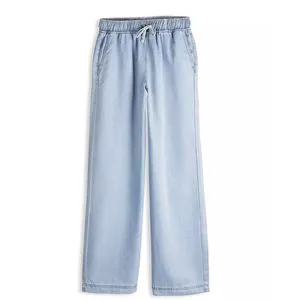 New Trending ODM Women’s Light Blue Wide Leg Denim Jeans – Custom Wholesale Elastic Waist Casual Fashion Pants