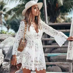 Women Floral Sheer Lace Bikini Cover-Ups 2020 Summer Beach Dress Swim Wear White Long Sleeve Swimsuit Cover-ups Tunic Bath Suit