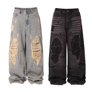 Faded Distressed Baggy Jeans Custom High Quality 100% Cotton Mens Double Layers Washed Denim Jeans Cargo Pants Washed Jeans