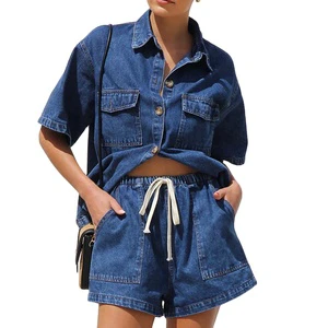 2025 ODM High Quality Women's Denim Sets Regular Fit Zipper Jacket Jeans Shorts Casual 100% Cotton Windproof Winter Fashion