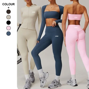 Custom Long Sleeve Zipper Jacket High Waist Hip Lifting Leggings Sports Suit Women's Gym Running Fitness Tights 3 Piece Yoga Set