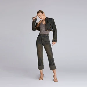 Customized Sexy Summer Hip Hop Casual Women's Denim Two-piece Set with Retro Lapel Long Sleeve Top and Loose Fit Pants