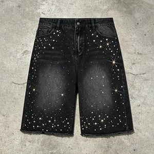 OEM ODM Custom Eco Medium Rhinestone Distressed Denim Shorts Factory Retro Straight Leg Stone Wash Raw Edge Jorts for Men