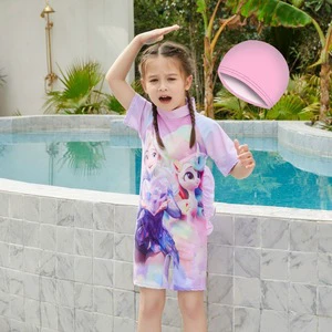 One-piece Short-sleeved Cartoon Pattern Quick-drying Girls Swimsuit with Cap for Kids Swimming Surfing UPF30 Protection