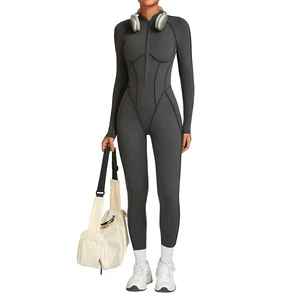 Women's Long Sleeve Gym Jumpsuit Wholesale One Piece Half Zip Workout Clothes Sports Yoga Fitness Strapless Quick Dry Breathable