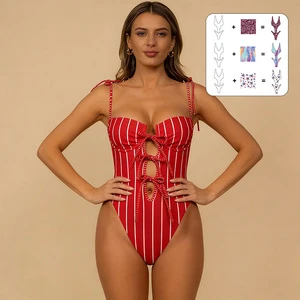Color Fastness Soft Fabric Striped One Piece Swimsuit Women Underwire Cutout Tie Shoulder Bathing Suit Swimwear