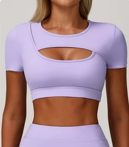 Summer Yoga Short-sleeve Hollow-out Fitted Shockproof Buttery-soft Workout Top
