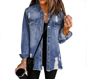 Women's Oversized Vintage Denim Jean Jacket Long Sleeve Casual Fall Outfits with Cotton Filling Button Decoration Jacket