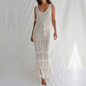 TW7377 New Hollow Out Beach Cover up Lace-up Fringe Swimsuit Cover up Beach Dress Women's Bikini Beach Cover up Dress