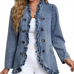 Wholesale Custom Spring Summer Work Office Women's Gothic Leopard Print Eco-Friendly Denim Cardigan Jacket Open Front Diamonds