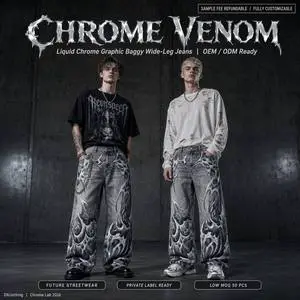 Custom 420GSM Liquid Chrome Venom Graphic Wide-Leg Jeans OEM ODM Private Label Low MOQ Sample Refundable Customizable For Brands