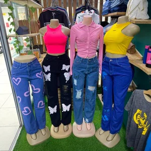 Wholesale Women's Casual Spring Jeans Graffiti Mid Waist Loose Wide-Leg Denim Pants