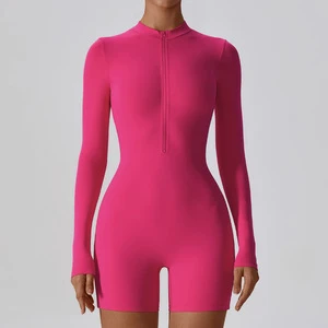 Shorts Jumpsuit Half Zip Long Sleeve Compression Sports Dance Gym Wear Playsuit for Women Wholesale Workout One Piece Yoga
