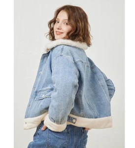 Winter Women Short Denim Jackets Fleece Ladies Denim Coat Custom Collar Detachable Jean Jackets Women