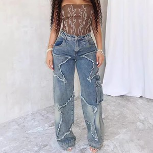 Wholesale Ladies Breathable Straight Vintage Jeans Women Star Tassel Fringe With Patchwork Loose Casual Denim Pants For Women