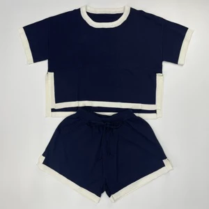 Factory Sales Women Knitted T Shirt Skin-Friendly Casual Clothing Set Top Contrast Shorts Knitted Sweaters for Women