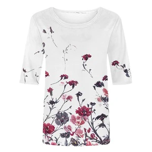 Women's Plus Size Three Quarter Sleeve Casual Printed Crew Neck T Shirts with Embroidery Tie Dye Button and Jersey Fabric