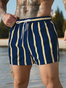 Men's Drawstring Waist Striped Pocket Beach Shorts Swim Trunks Men Swim Trunks Men Striped Swim Shorts Beach