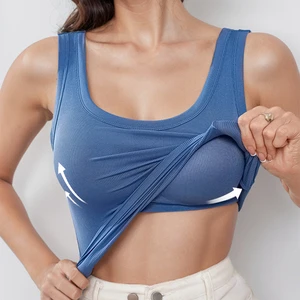 Women's Plus Size Ribbed U-Neck Tank Top Built-In Bra Sleeveless Wide Strap Crop Vest Solid Knitted Hole Long Summer Sports