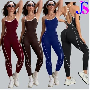 Jin Si NEW Women Contrast Color Yoga One-piece Long Peach Hip One-piece Yoga Sports Jumpsuit