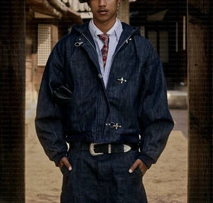 OEM Custom Cropped Zip up Raw Japanese Selvedge Vintage Fireman Clasp Hooded Bomber Workwear Work Jeans Denim Jacket for Men
