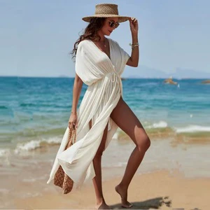 European American Solid Chiffon Natural Washable Floor-Length Beach Cover-Up Rayon Cardigan Mermaid Silhouette Short Sleeve Slit