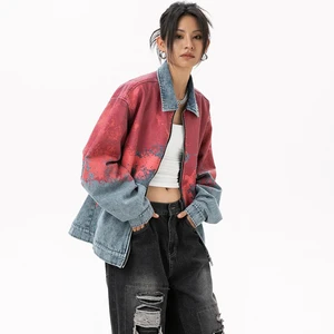 Women's Denim Jean Jacket Women Casual Outwear Fall Jacket Denim Zipper up Coat Oversize Printed Denim Jacket for Ladies