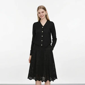 Women Hollow Knit 2 Piece Outfit V Neck Pearl Button Cardigan Lace Midi Skirt Elegant Lady Knitting Suit