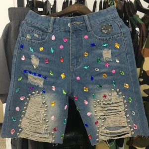 Heavy Industry Diamond-encrusted Beaded Ripped Tassel High-waisted Women's Denim Shorts Sehe Fashion