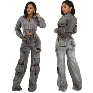 Women Jeans Outfits Stretch Cotton Denim Crop Jacket Cargo Jeans Sets Slim Two Piece Jeans Denim Set with Multi-pockets
