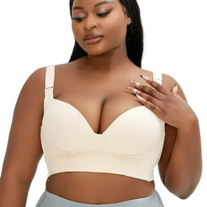 New Plus Size Women Sexy Solid Soft Wire-Free Breathable Wide Back Beautiful Back Deep V Big Chest Vest Adjustable Gathered Full