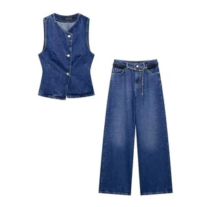 Spring and Summer New Women's Denim Suit Sleeveless Single Breasted Vest Fashionable Wide Leg Jeans Set