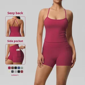 Women's Plus Size High-Waisted Pocket Shorts Double-Sided Sports Vest Casual Running Fitness Yoga Set Solid Double-Brushed