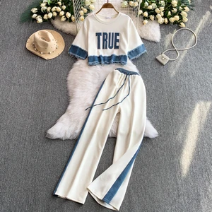 2025 Summer Women's Basics Sport Sets Top and Patchwork Denim Set Jogging Suits Wholesale