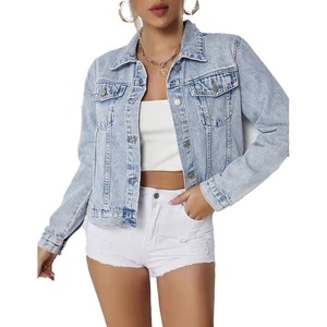 Premium Quality Wholesale Women's Loose Fit Gothic Denim Jacket with Jacquard & Rhinestone Belt Detail Light Blue Button Washed