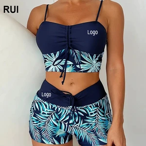 RUIQUWIN 2025 Summer High-Waist Drawstring Swim Trunks Print Patchwork Swimsuit Plus Size Beachwear Custom Bikini Set for Women