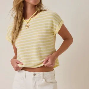 Custom Women's Summer Striped Knit T Shirt Crew Neck Rolled Sleeve Casual Cropped Top Manufacturer